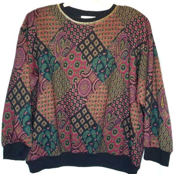 Vintage Kathleen Usherwood Multicolor Metallic Patchwork Sweater - Picture 1 of 7